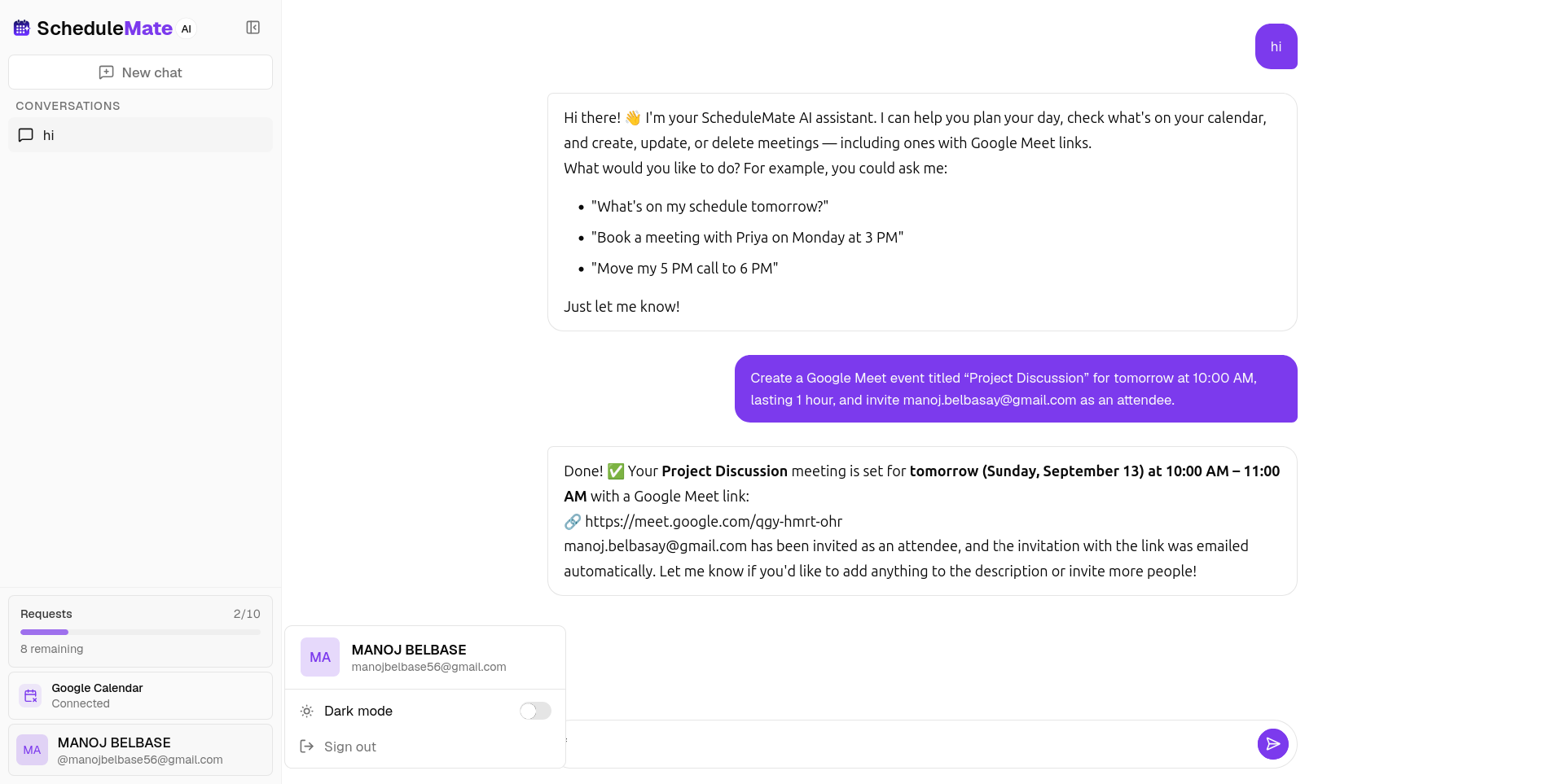 ScheduleMate AI booking a meeting in chat